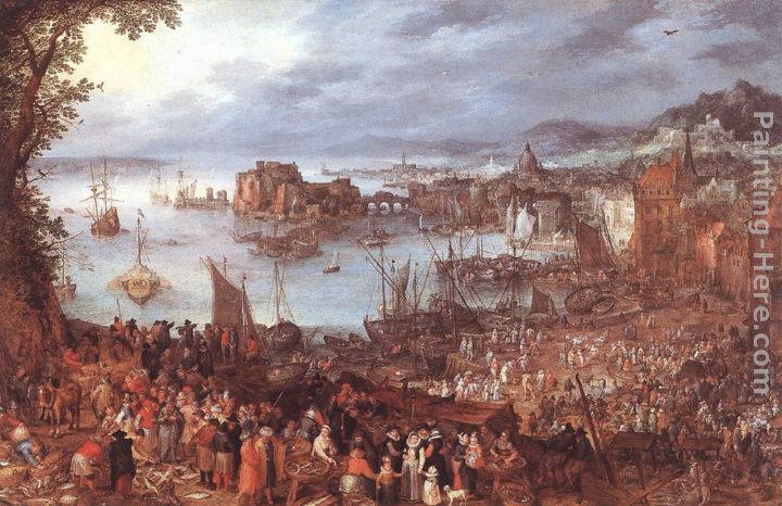 Great Fish-Market painting - Jan the elder Brueghel Great Fish-Market art painting